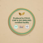 Certification label for FSSAI, GMP, and ISO 9001:2015.