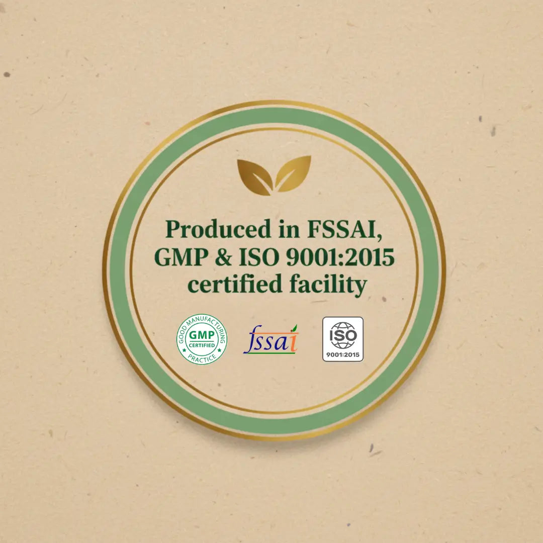 Certification label for FSSAI, GMP, and ISO 9001:2015.
