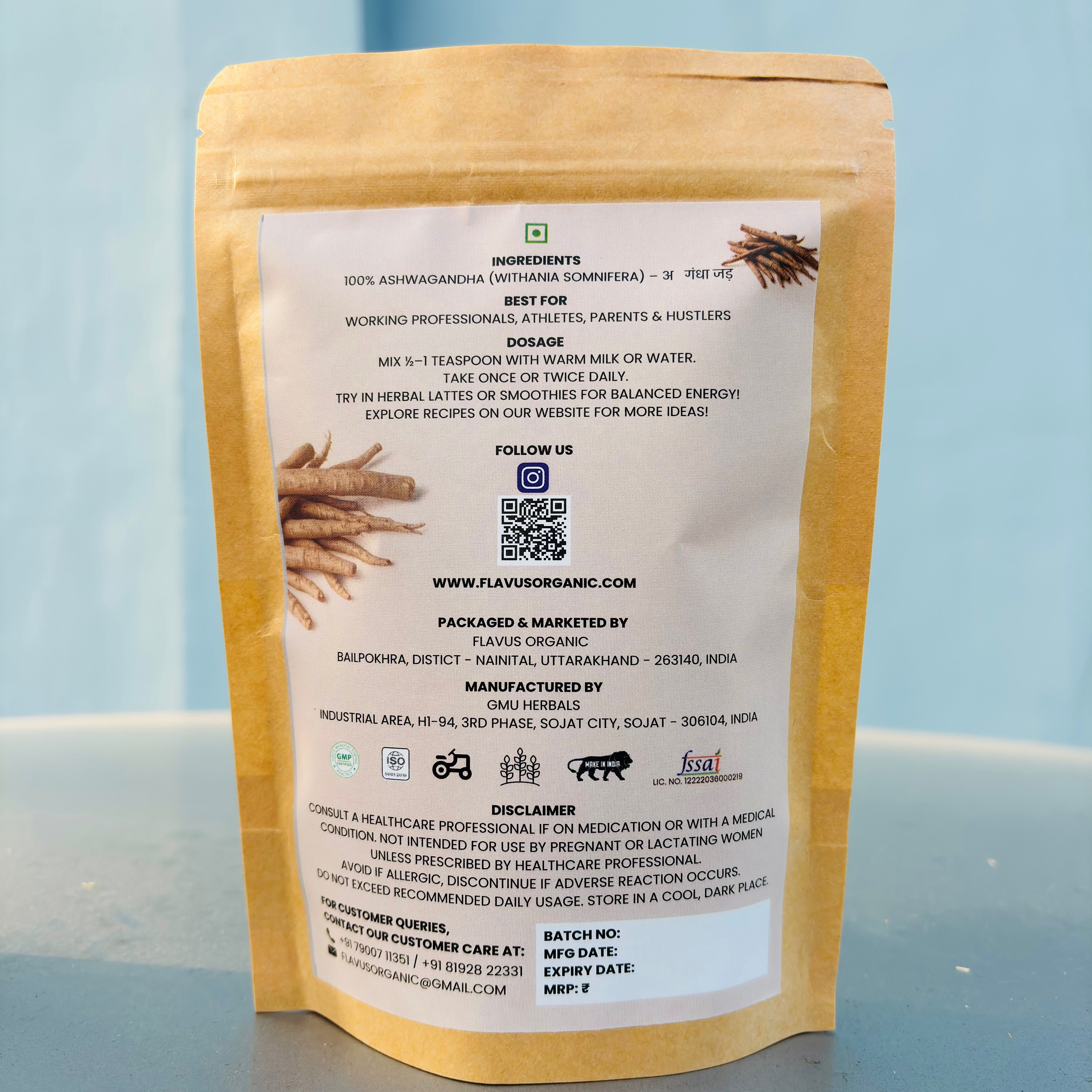 Back view of Flavus Organic Ashwagandha Powder pouch