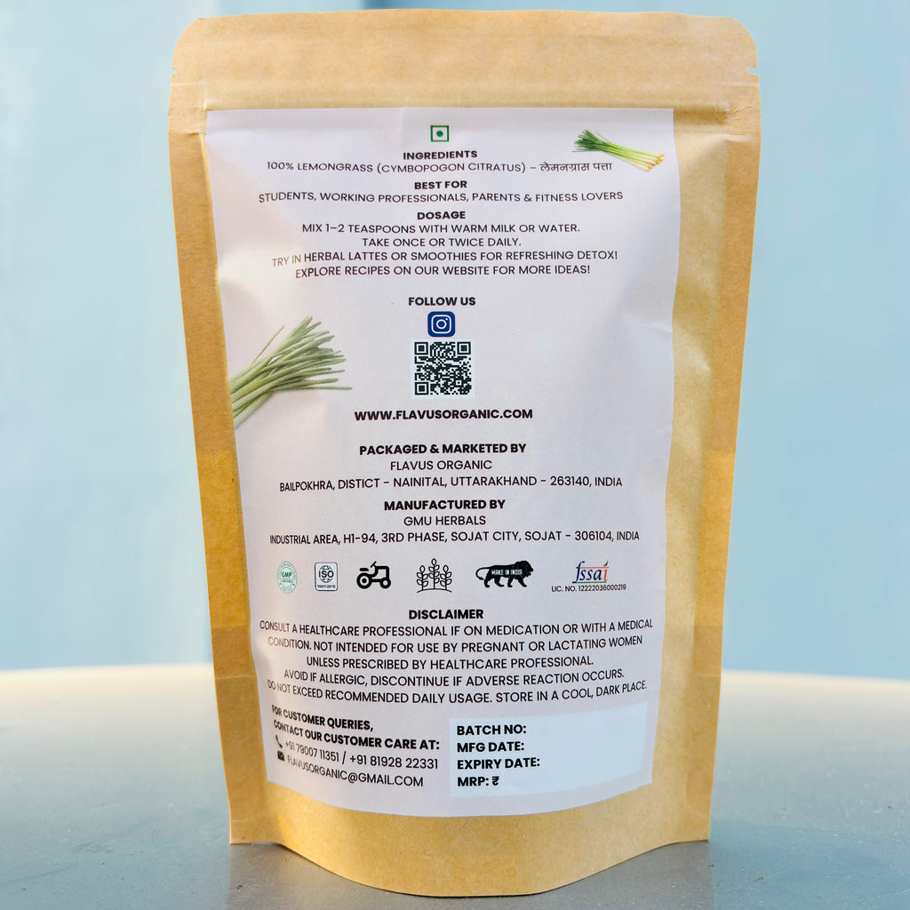 Back view of Flavus Organic Lemongrass Powder pouch