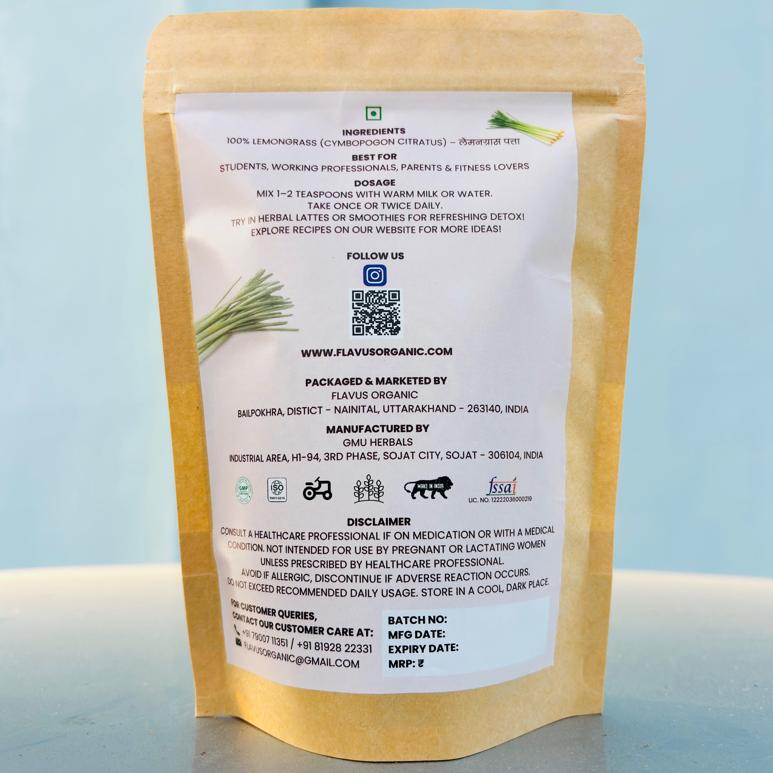 Back view of Flavus Organic Lemongrass Powder pouch