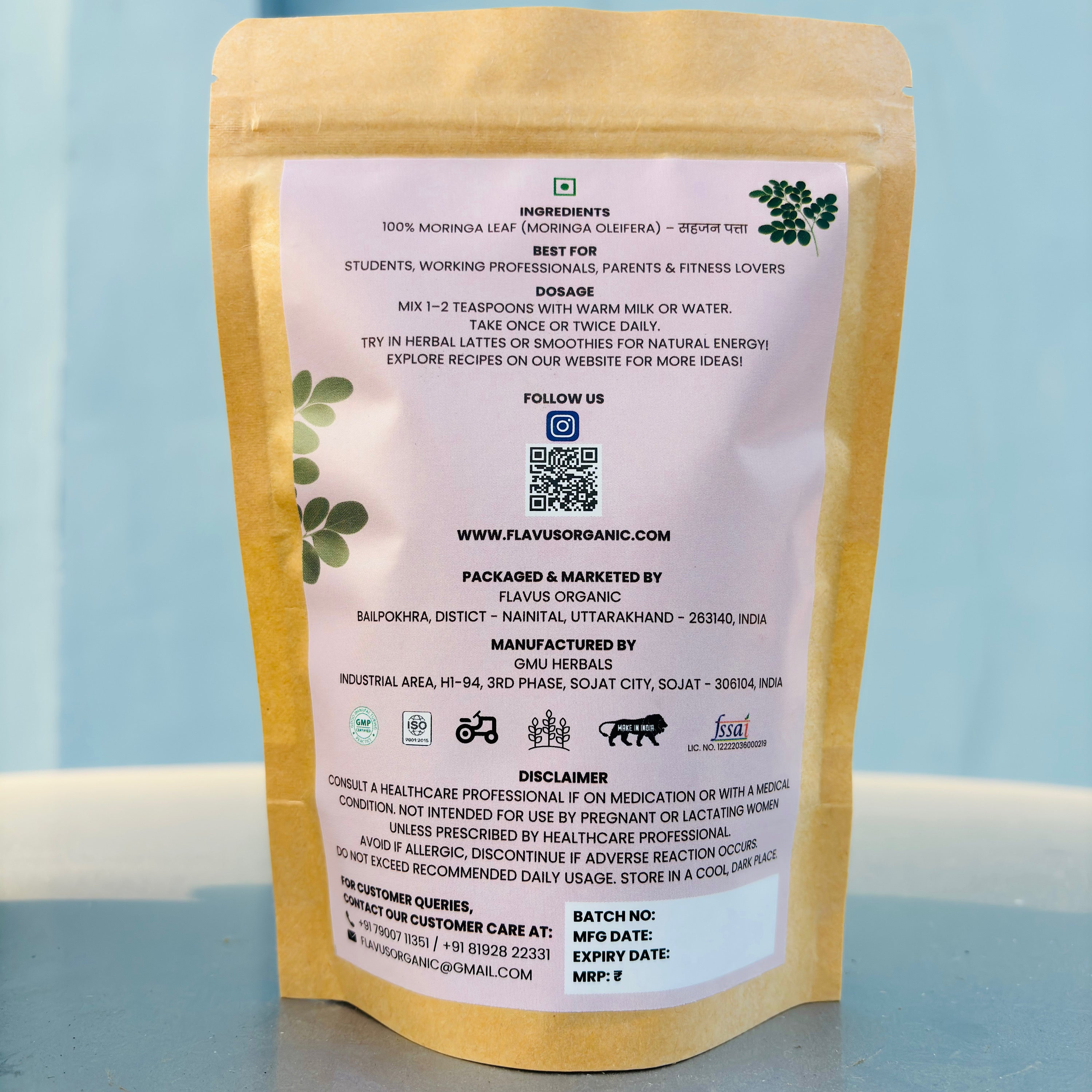 Back view of Flavus Organic Moringa Powder pouch 
