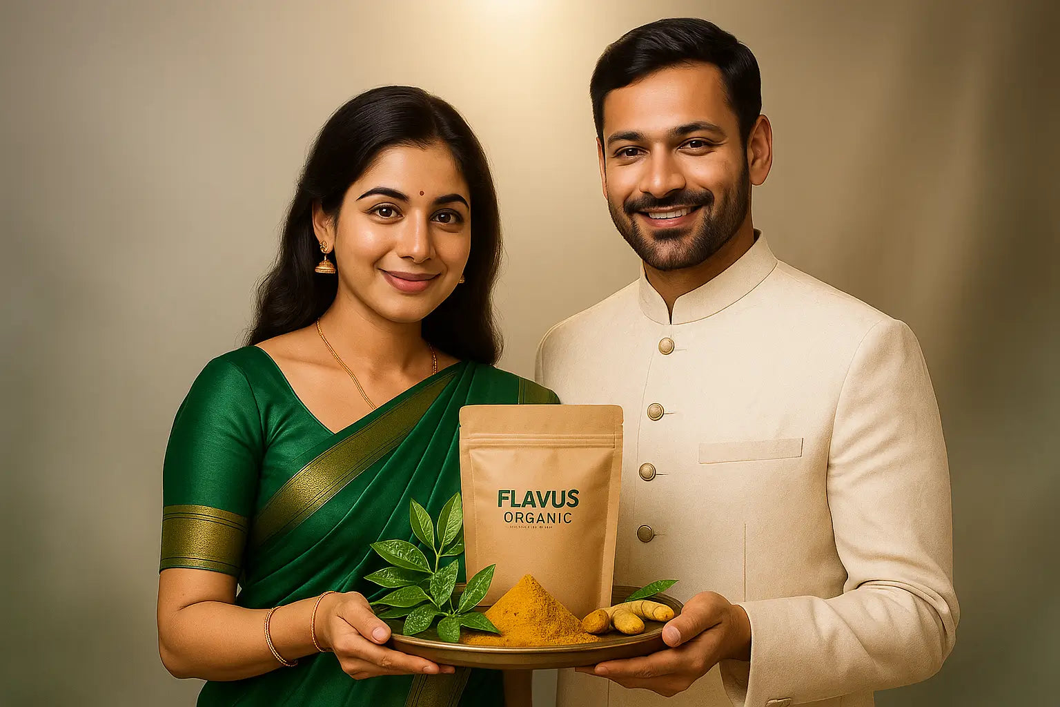 Man and woman holding a package labeled 'FLAVUS ORGANIC' on a neutral background